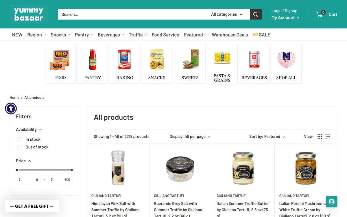 Yummy Bazaar product catalog grid of specialty foods from around the world