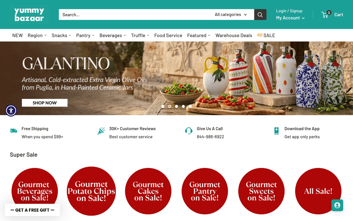 Yummy Bazaar storefront homepage featuring international gourmet foods